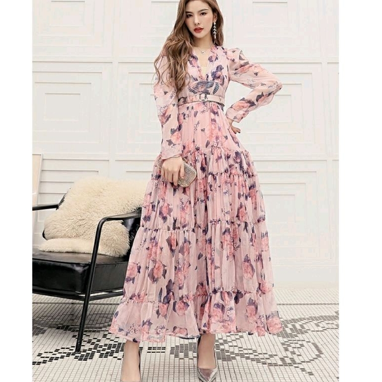 99220 Baju Maxidress longdress TIERED SAFFRON Vneck dres Korea Korean style motif bunga flower flora