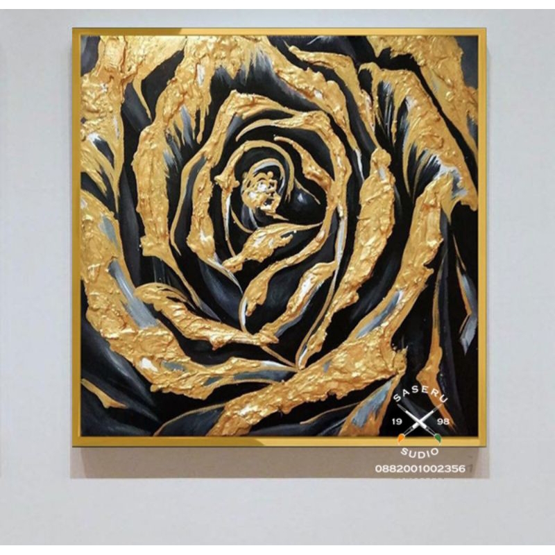 Lukisan kanvas bunga mawar tekstur gold + frame siap pajang