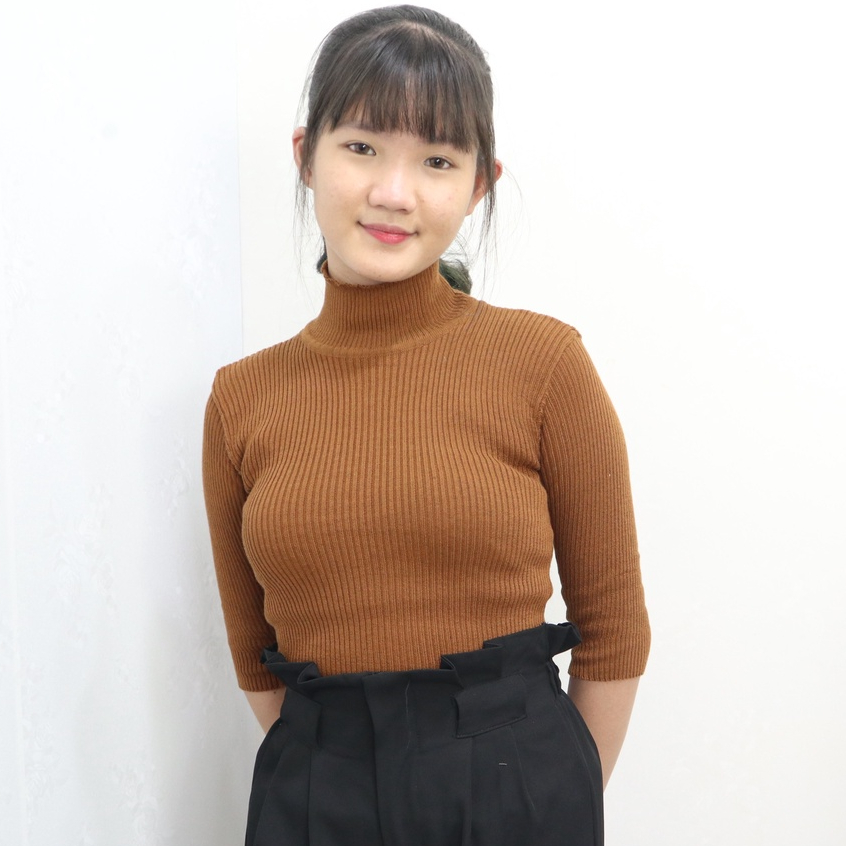 Atasan Rajut Wanita Turtleneck - Kaos Turtleneck Rajut Turtleneck Lengan 3/4 - Kaos Viral Korea Style