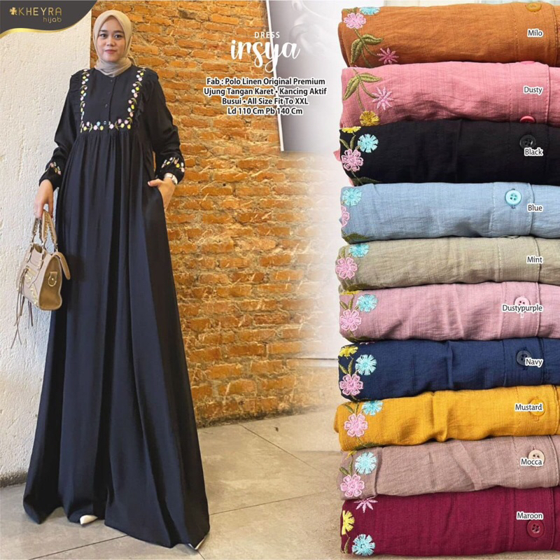 Irsya Dress Original Kheyra Hijab - Gamis Polos Bermotif Bunga Kecil LD 110 Busui Cantik Simple Eleg