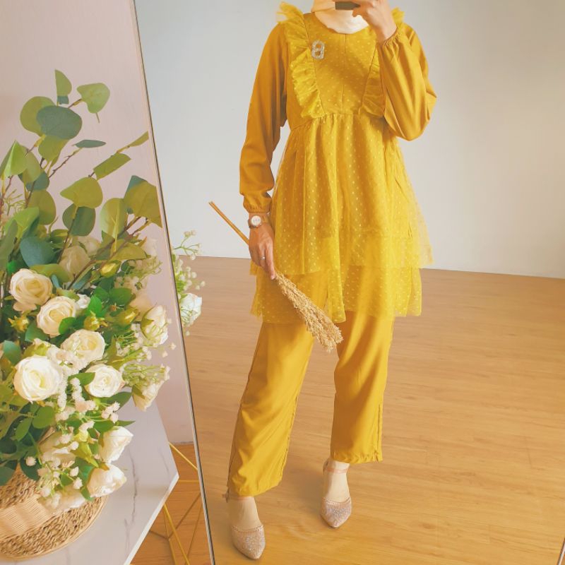 Setelan celana pearly set organza // Eleana set tile dot susun