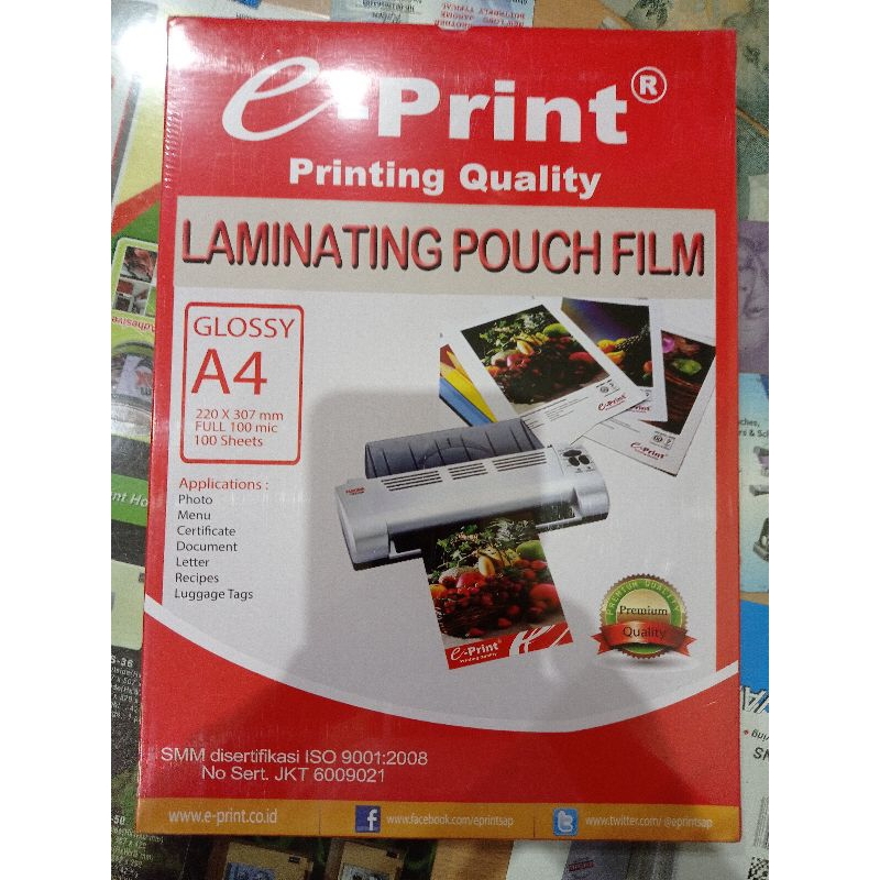 

laminating ukuran A4 eprint isi 100lbr 220x307 ketebalan full 100mic /laminating folio eprint ukuran 225x340mm full 100mic isi 100sheets/laminating pouch A3 e print 307x430 isi 100 sheets