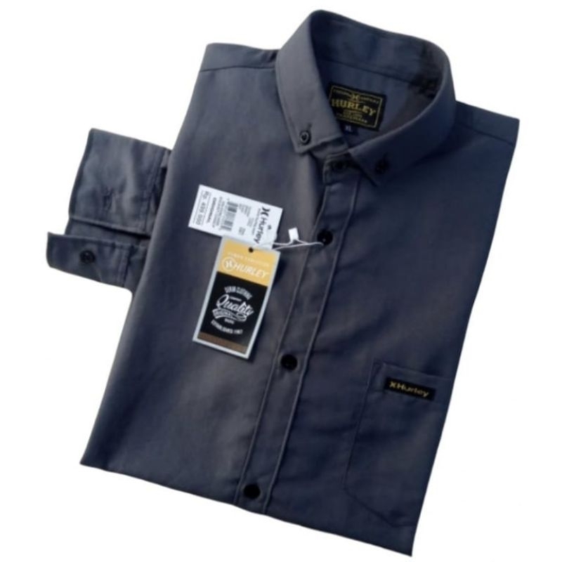 Kemeja Pria Abu Poplin Tua Polos Lengan Panjang Original Casual Hurley Katun