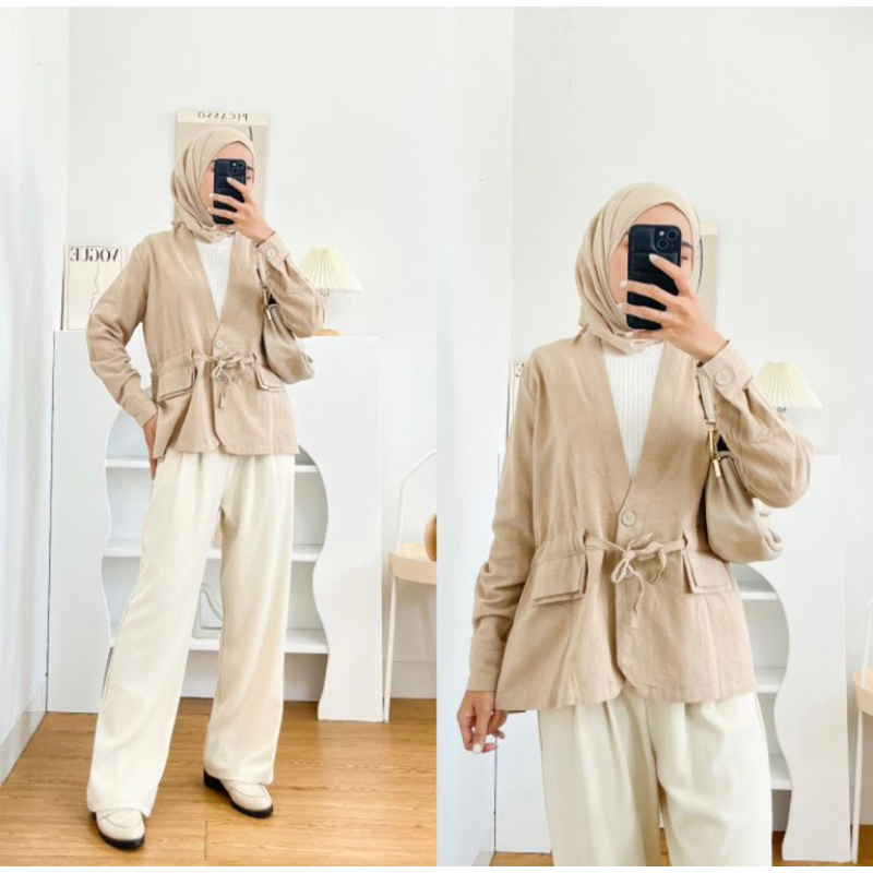 Tamstore Blazer Wanita Linen Aoki Outer Korean Style Kancing Depan Tali Serut