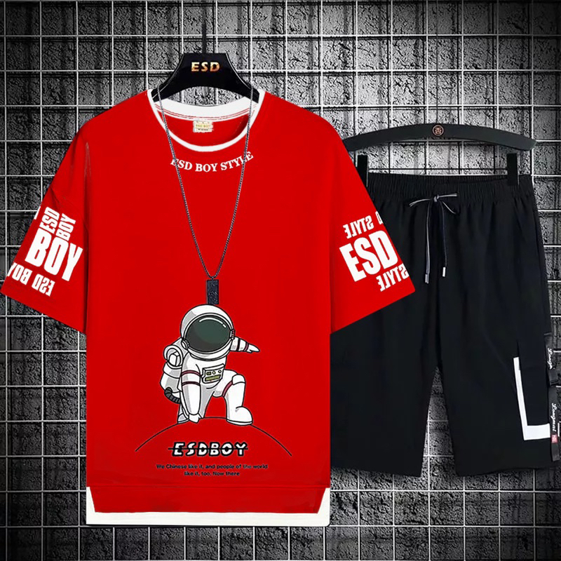 BAJU KAOS STELAN PRIA LENGAN PENDEK ESDBOY ONE SET COWOK + CELANA PENDEK