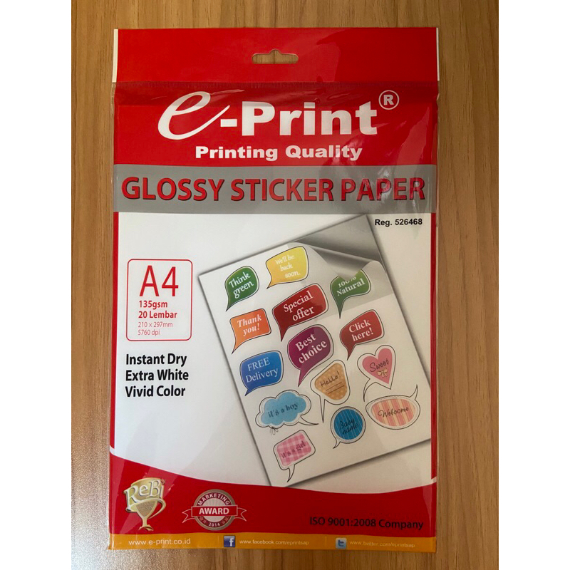 

E-PRINT GLOSSY STICKER PAPER 135 Gsm UKURAN A4