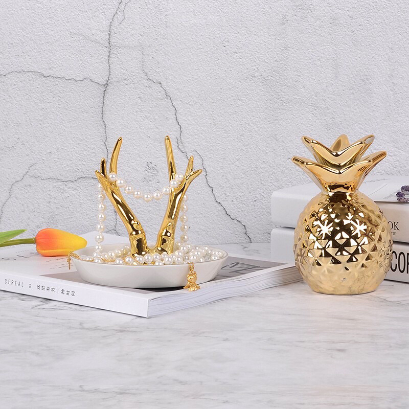 Celengan Nenas Keramik Mengkilap Hiasan Mewah Gold Pineapple Pajangan Mewah Saving Money