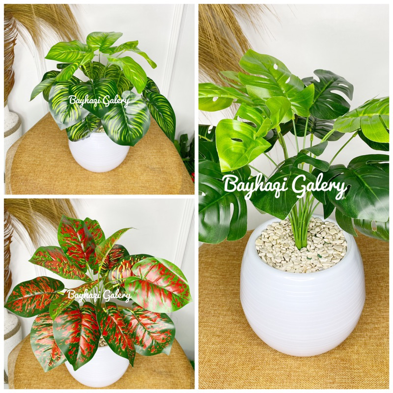 BUNGA HIAS POT BOLA  MONSTERA ARTIFICIAL PLASTIK/ BUNGA HIAS AGLONEMA ARTIFICIAL PLASTIK / POT BOLA 