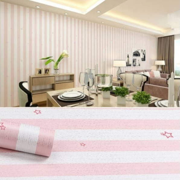 Wallpaper Dinding Motif Garis Bintang Pink