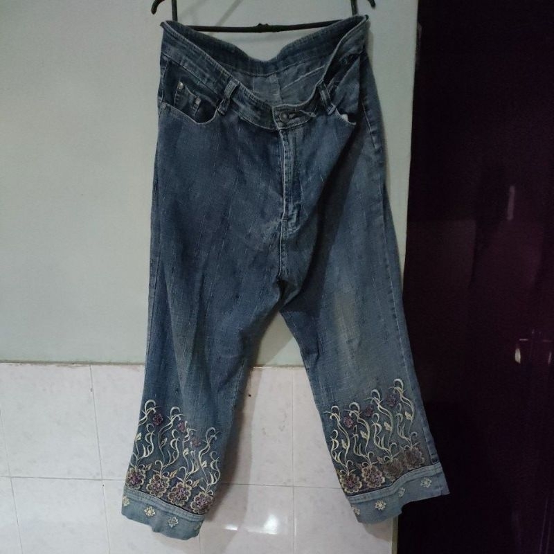 PL Celana Jeans Cewek Bordir Bunga
