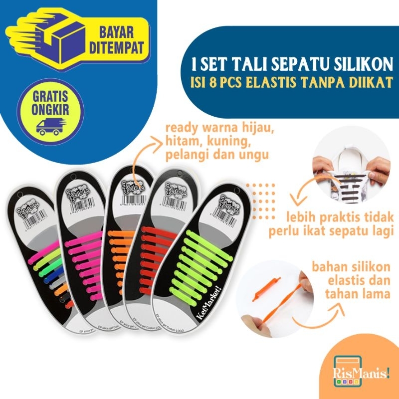 ELASTIC SILICONE SHOELACES - 1 set isi 8 pcs Tali Sepatu Silikon Elastis Karet Lentur Aksesoris Sneakers Olahraga Kets Running Shoes Aneka Warna Praktis Selop Slip-on