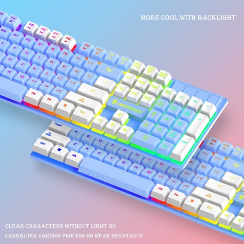 LEORQEON Gaming Keyboard RGB Backlight Mechanical Feel Waterproof - N35 Blue White