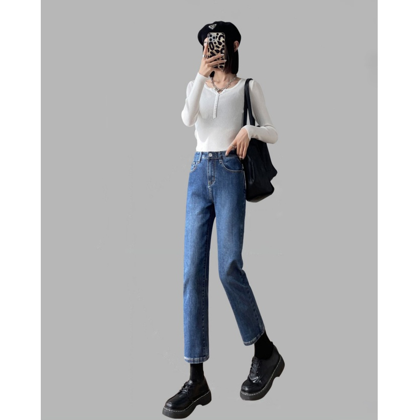 Biru laut Highwaist Stretch Celana Jeans Wanita