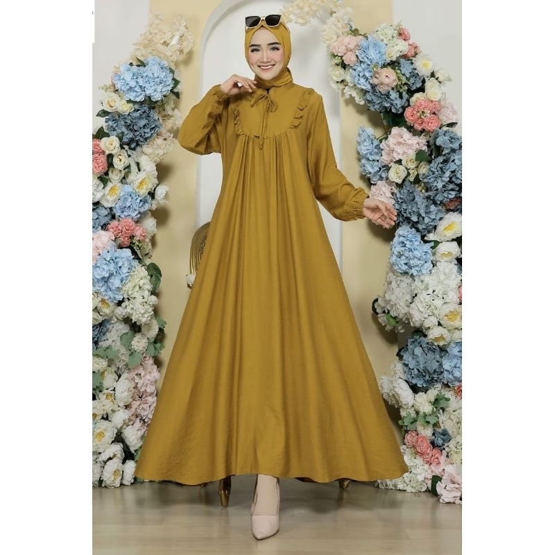 Midi dress bahan polo linen / Midi dress muslimah model ruffle / Gamis midi polo linen