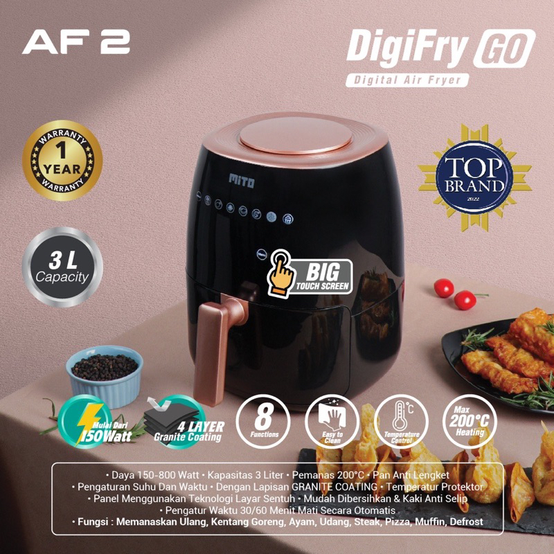 MITO Air Fryer Digi Fry Go AF2 Touch Screen Low Watt Mesin Penggoreng Tanpa Minyak 3L - Black Gold