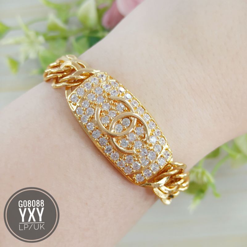 Gelang yaxiya Rantai double plat zircon Gold G08088