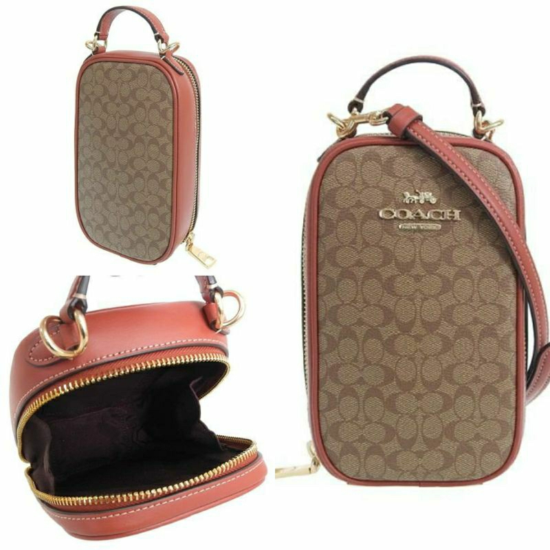 Coach Eva micro sign phone bag crossbody leather Khaki/terracota 11x18x5cm