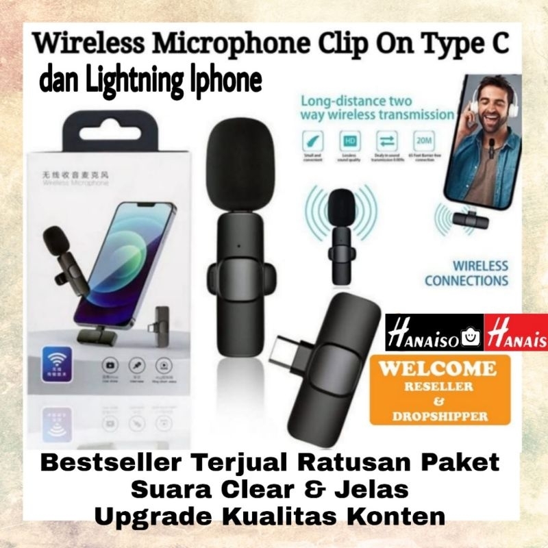 Medan Termurah Hanaiso MIC WIRELESS SEPASANG 2 DUAL HP VlOG Youtube MICROPHONE Mikrofon LAVALIER FOR ANDROID TYPE C IPHONE LIGHTNING