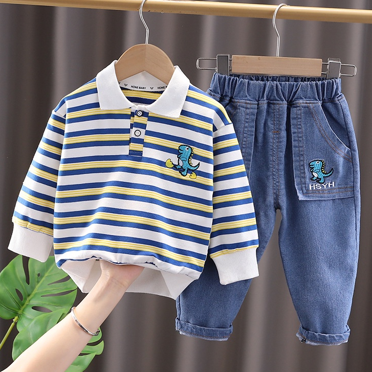 Setelan Anak Laki Laki PEDRO Baju Anak Import Set Kemeja Kerah Polo dan Celana Jeans