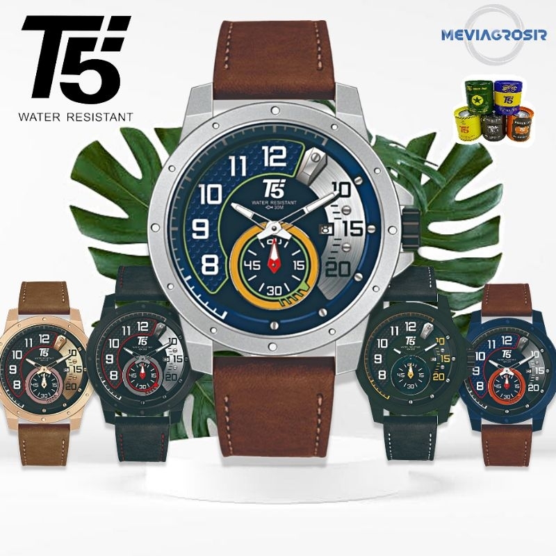 JAM TANGAN PRIA T5 H3971 H3971G 3971 ORIGINAL MODEL KULIT TGL AKTIF TAHAN AIR 3 ATM 30m FREE BOX + P