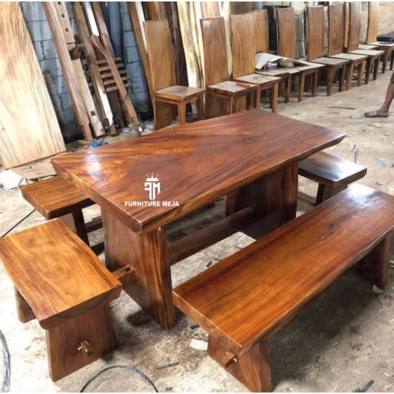 Set Meja Makan Trembesi Kayu Solid 150cm