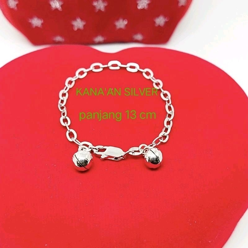 Gelang tangan anak 1-4 thn rantai nori + bunyi 2 nyaring perak asli 925/silver lapisan emas putih mu