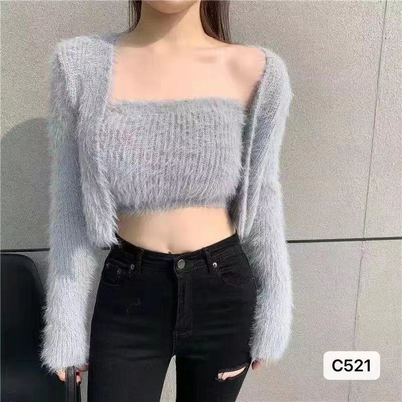 ONE SET TOP KNIT OUTER WANITA ATASAN BULU IMPORT MX729