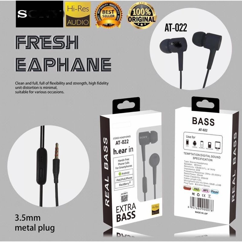 Headset S*NY AT-022 EXTRA BASS Handsfree Earphone