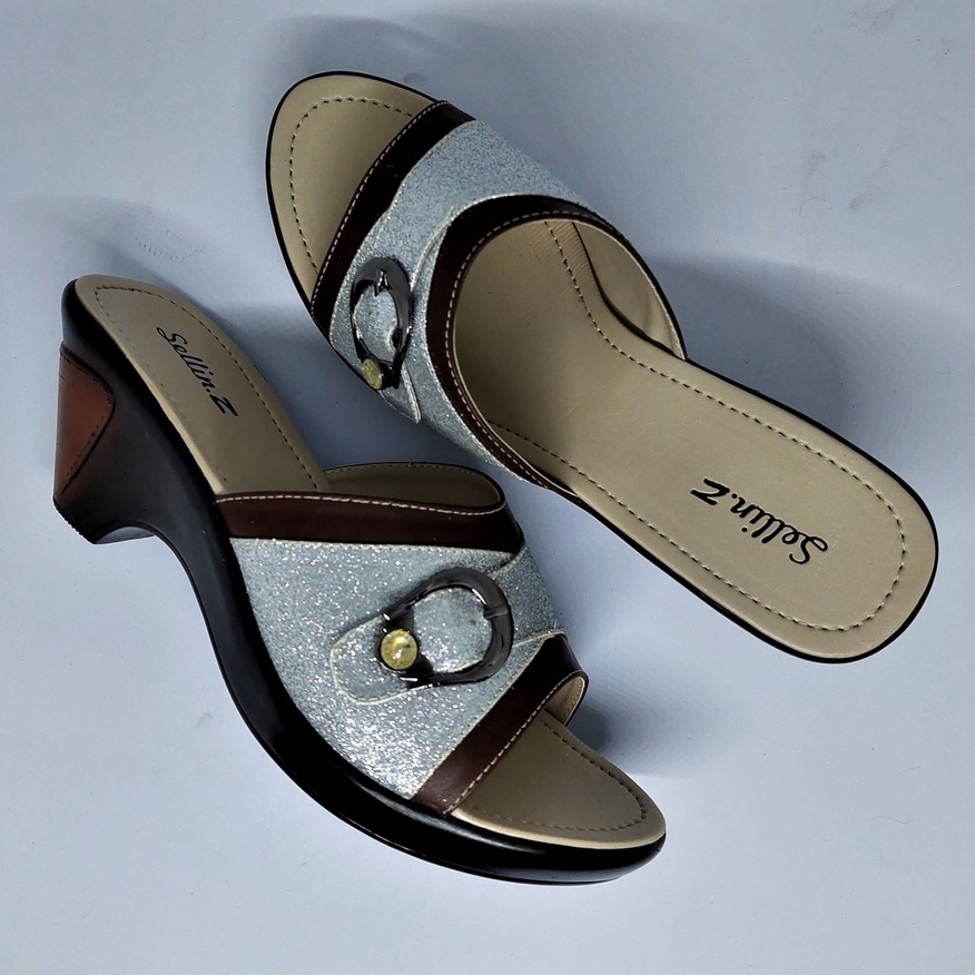 Sandal Pesta Wanita Wedges Elegant Cantik Silver Brown Clogs Wedding Selop Gesper Modis Trend Ori Se