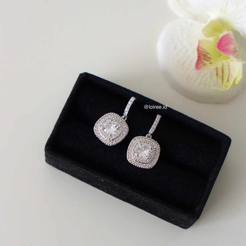 LORRAINE | Wedding Collection - Zirconia Halo Square Dangle Stud Bridal Earrings - Anting Wanita