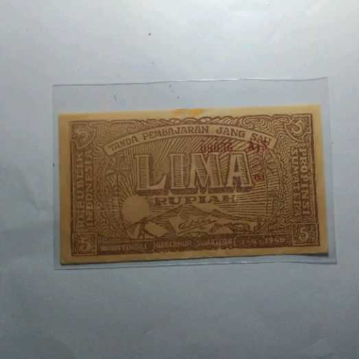 1 Lembar Uang Kuno ORIDA 5 Rupiah Sumatera Selatan UNC ORIGINAL