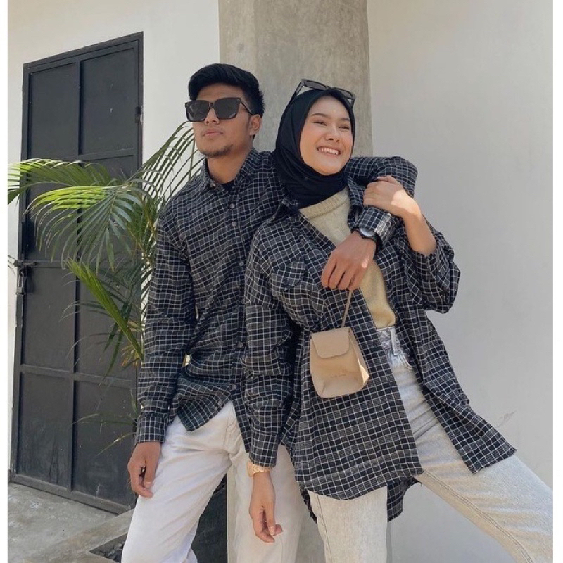 Kemeja flanel lengan panjang kotak catur putih pria wanita casual distro surfing motif square unisex