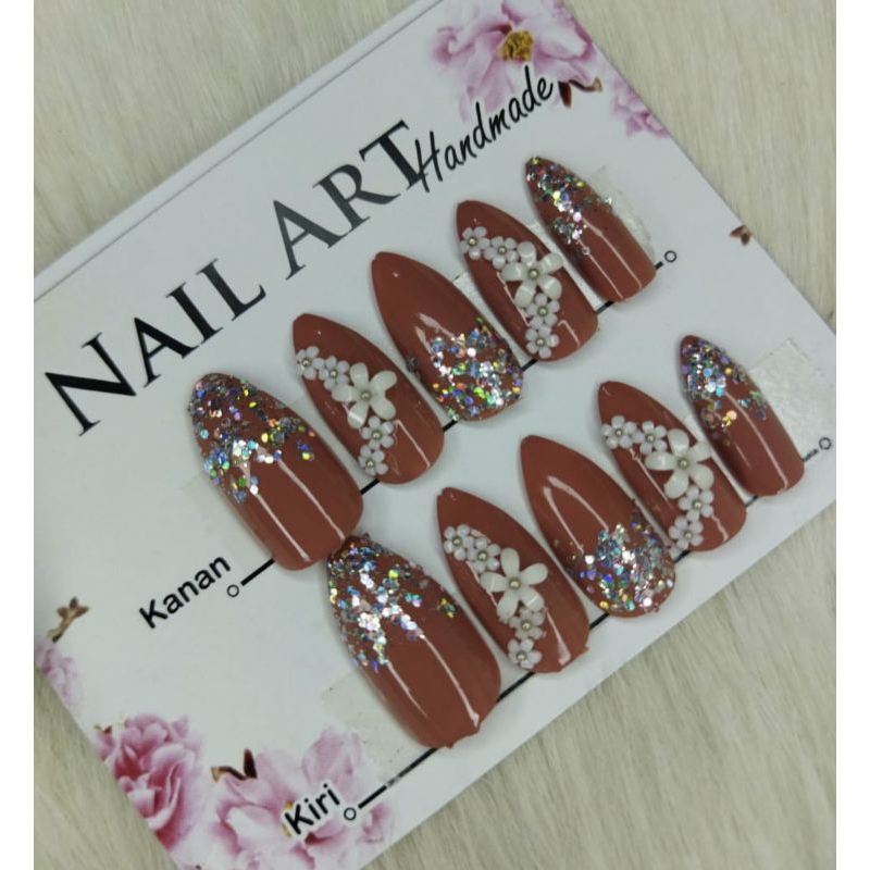 KUKU PALSU WEDDING HIAS COKLAT BUNGA GLITERRY SILETTO/NAIL ART