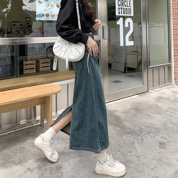 ROK Jeans Wanita Biru Retro / Highwaist Kasual Rok A-line Denim Wanita Korean