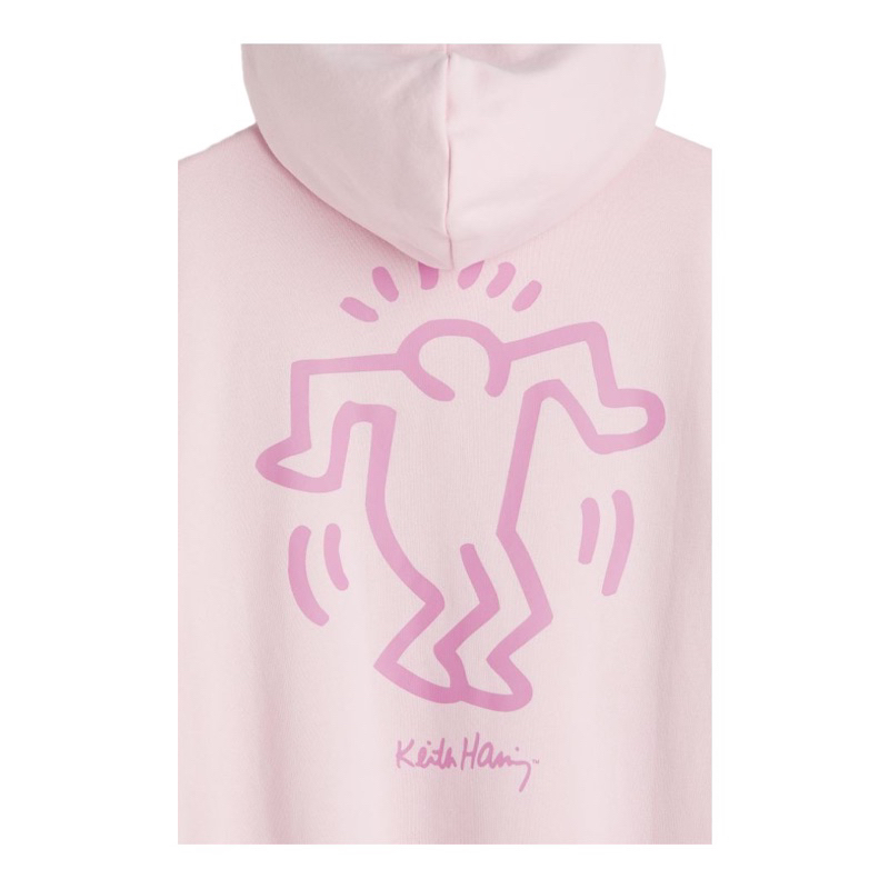 ( 8.8 ) Hoodie H&amp;M Unisex Sablon Keith Haring Dance Pink, Flecee Katun Lembut Tebal, Free Papperbag