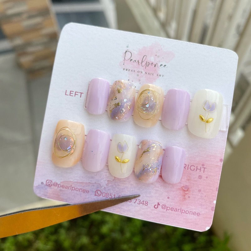 Kuku palsu presson nails wedding nailart - desain elegan lilac tulip nude