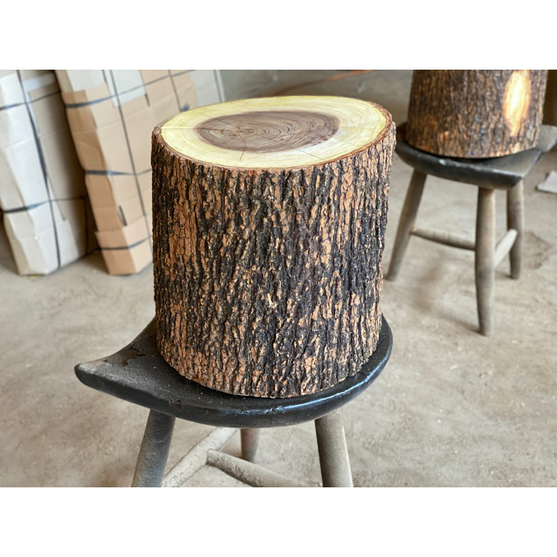 Stool Kayu Solid Trembesi Bundar Dengan Kulit Kayu