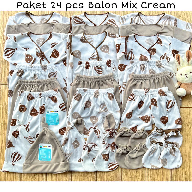 24pcs Paket Komplit Perlengkapan Baju Bayi celana bayi topi sarung tangan kado Baru Lahir, 3-6 dan 6-12 bulan SNI Motif Balon Hijau Sage  Promo 9.9