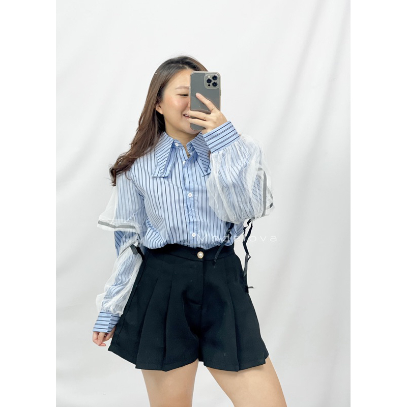 MDLV ~ 7899# Lenitta Cropped Striped Shirt Atasan Korea Import