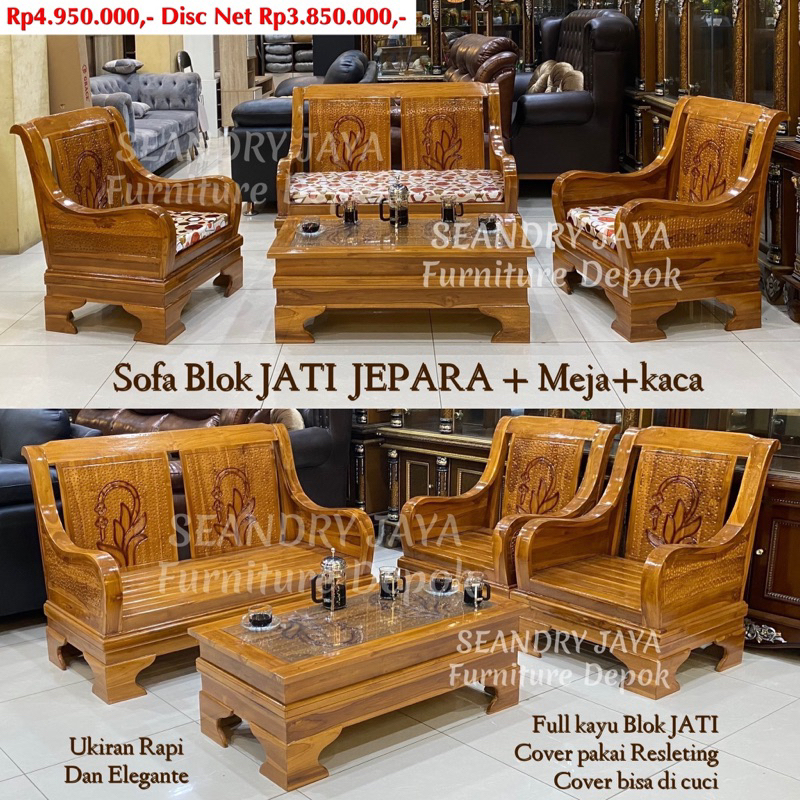 Sofa Blok kayu JATI JEPARA+Meja tamu kaca+jok lepas bisa di cuci/Busa Royal/kokoh awet nyaman/promio
