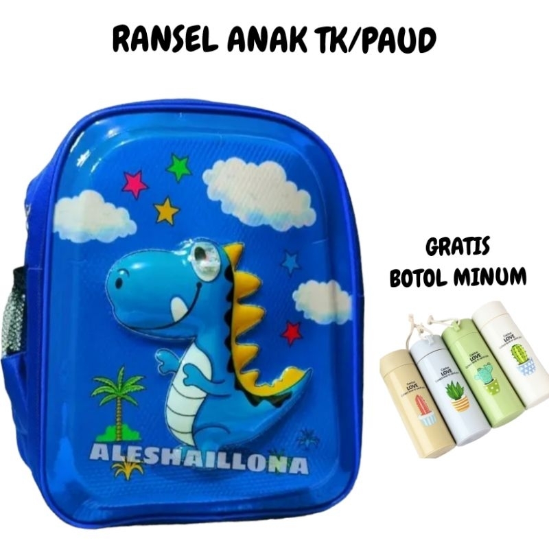 Tas ransel sekolah anak TK paud motif dino gratis botol minum