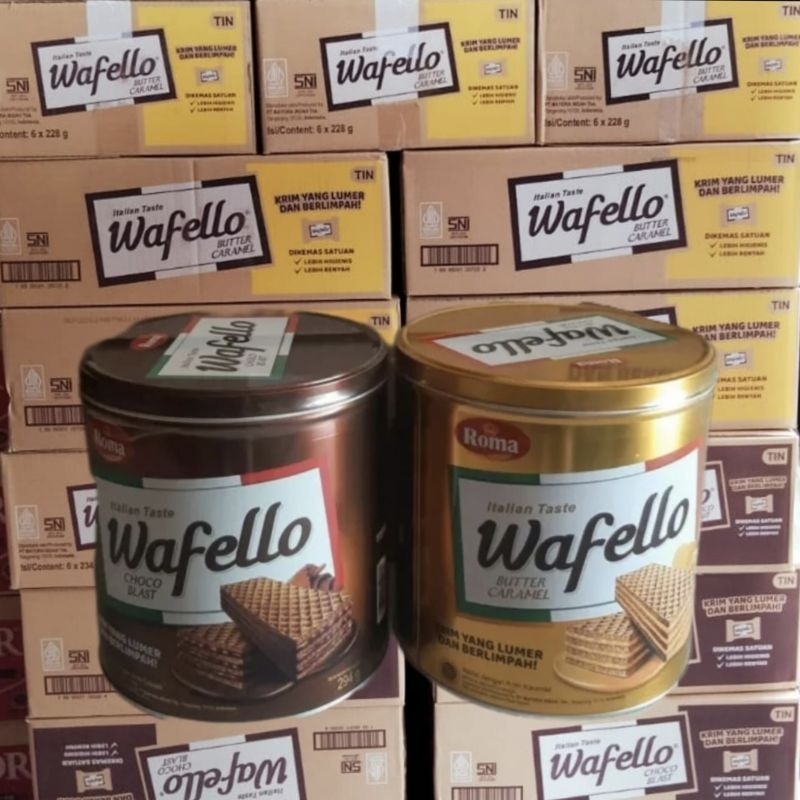 Wafello Wafer Mayora Coklat Dan Caramel Kaleng Sekarton