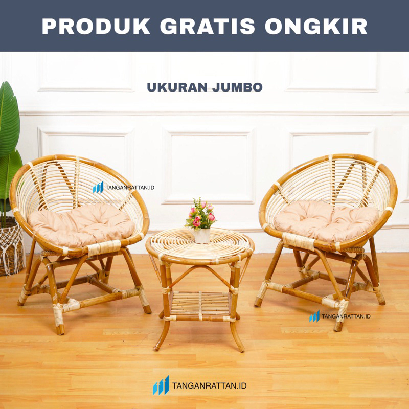 KURSI TERAS KERANG ROTAN JUMBO DAN MEJA 1 SET BANTAL / KURSI TAMU ROTAN MINIMALIS FINISHING