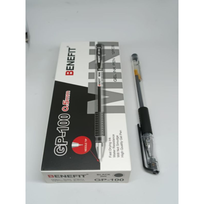 Pulpen Gel Hitam Tajam 0.5mm Benefit mini GP 100 1pak isi 12 pulpen