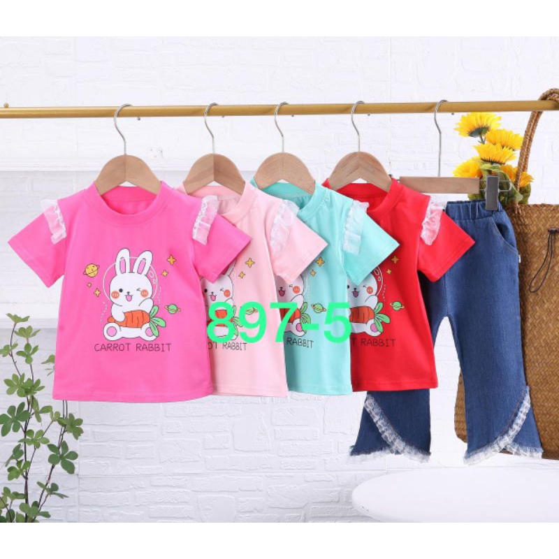 Setelan anak perempuan atasan jins cherry import 1-5 tahun/ Baju Setelan kaos celana Jeans cutbray anak cewek tanggung