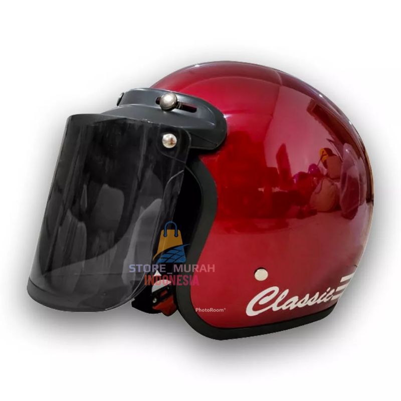 [ COD ] HELM BOGO CLASSIK GARIS TIGA KACA DATAR/CEMBUNG PACKING FREE BOX-MARON GLOSSY