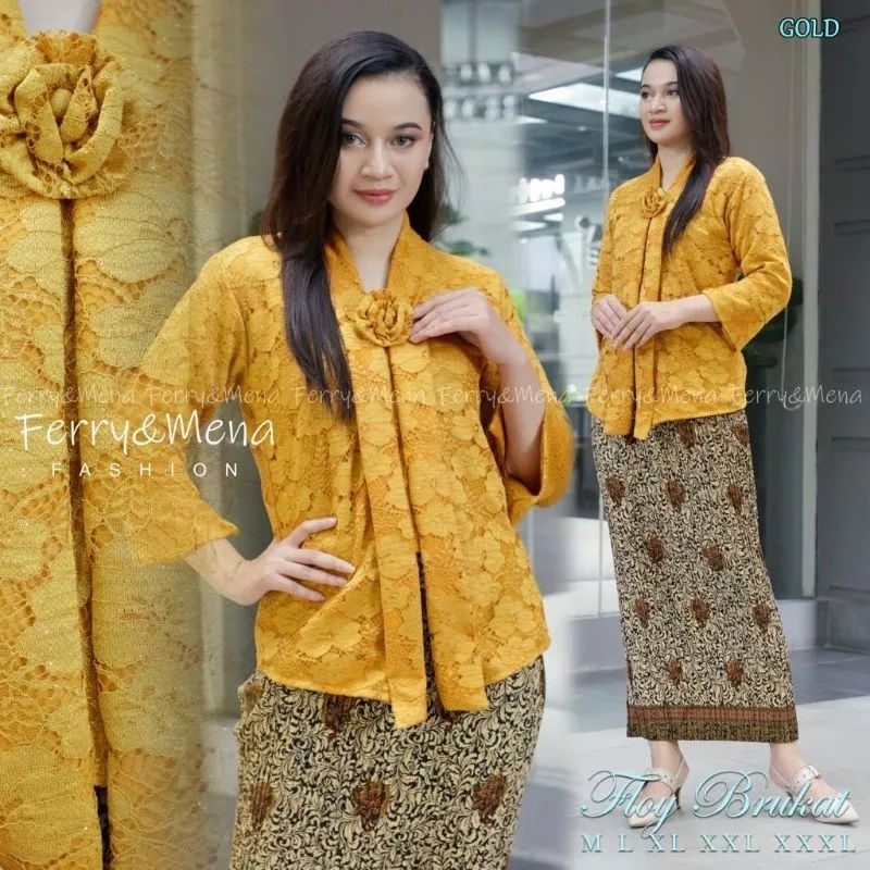 SETELAN KEBAYA BROKAT FLOY + ROK PLISKET BATIK DEWASA PANJANG UKURAN JUMBO BAJU KEBAYA WANITA MUSLIM