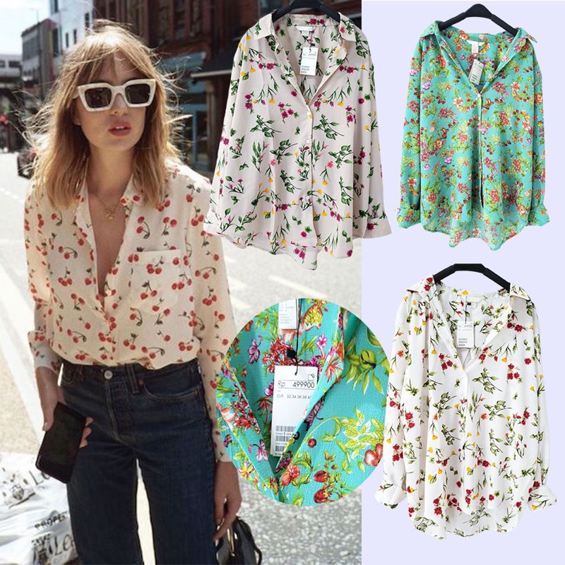 [6varian] H&M 279/280 Boyfriend Floral Shirt - Baju Atasan Kemeja Kerja Motif Bunga Bunga Lengan Pan