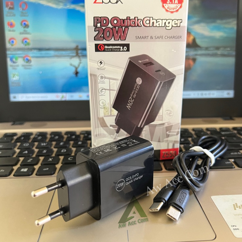 20W Charger Dual Usb A &amp; Usb C PD Fast Charging 3.1A include Kabel Type C to C 20 Watt Z-550