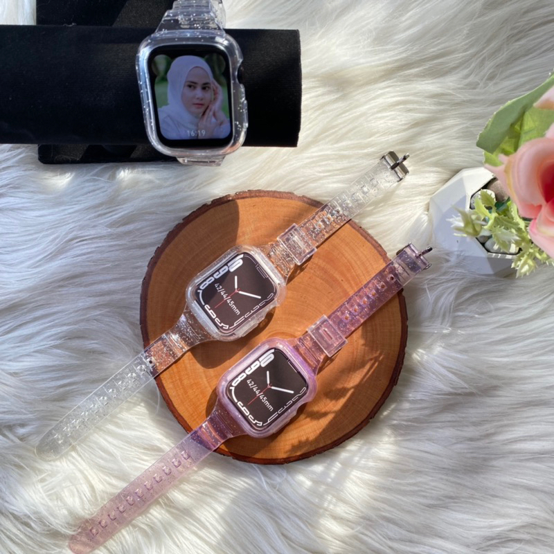 Strap+Pelindung Jam Glacier Strap Watch Glitter Clear Strap For Apple Watch T55 T500 HW12 HW16 HW22 